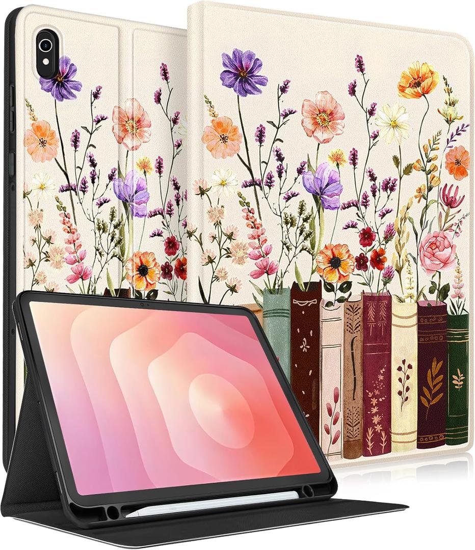 for Samsung Galaxy Tab S11 Case - Smart Folio Cover with Build-in Pencil Holder Women Girls Cute Design for Samsung S11 Tablet Case 11 Inch (SM-X730/X736/X736B) Cover,Painting Flowers (Bookshelf Floral)