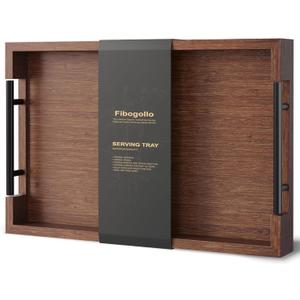 Fibogollo Bamboo Serving Tray with Metal Handles,15x10in Ottoman Decorative Trays Platter for Coffee Table,Living Room,Bar,Party,Medium(Brown)