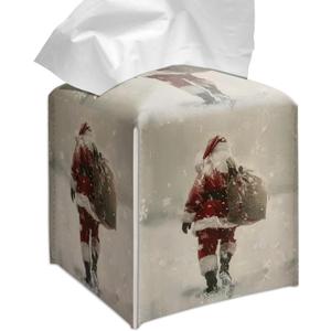 Grace Yonks Christmas Tissue Box Cover Square, Santa Walking in Snow Design Cube Case for Facial Tissues, 5.2" PU Leather. (105)