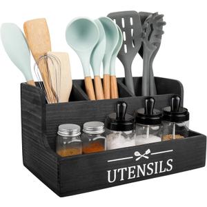 RedCall Extra Large Kitchen Utensils Holder 4 Compartments,Wood Utensil Organizer for Kitchen Countertop,Farmhouse Cooking Utensil Holder with Spice Storage space (Black)