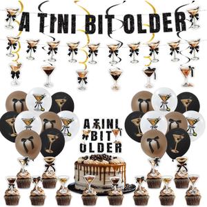 2 x Espresso Martini Bow Birthday Party Decorations, A Tini Bit Older Espresso Banner, Cake Topper, Olive Espresso Balloons, Satin Ribbon Bow Decor for Martini Themed Party, Martini Bachelorette Party