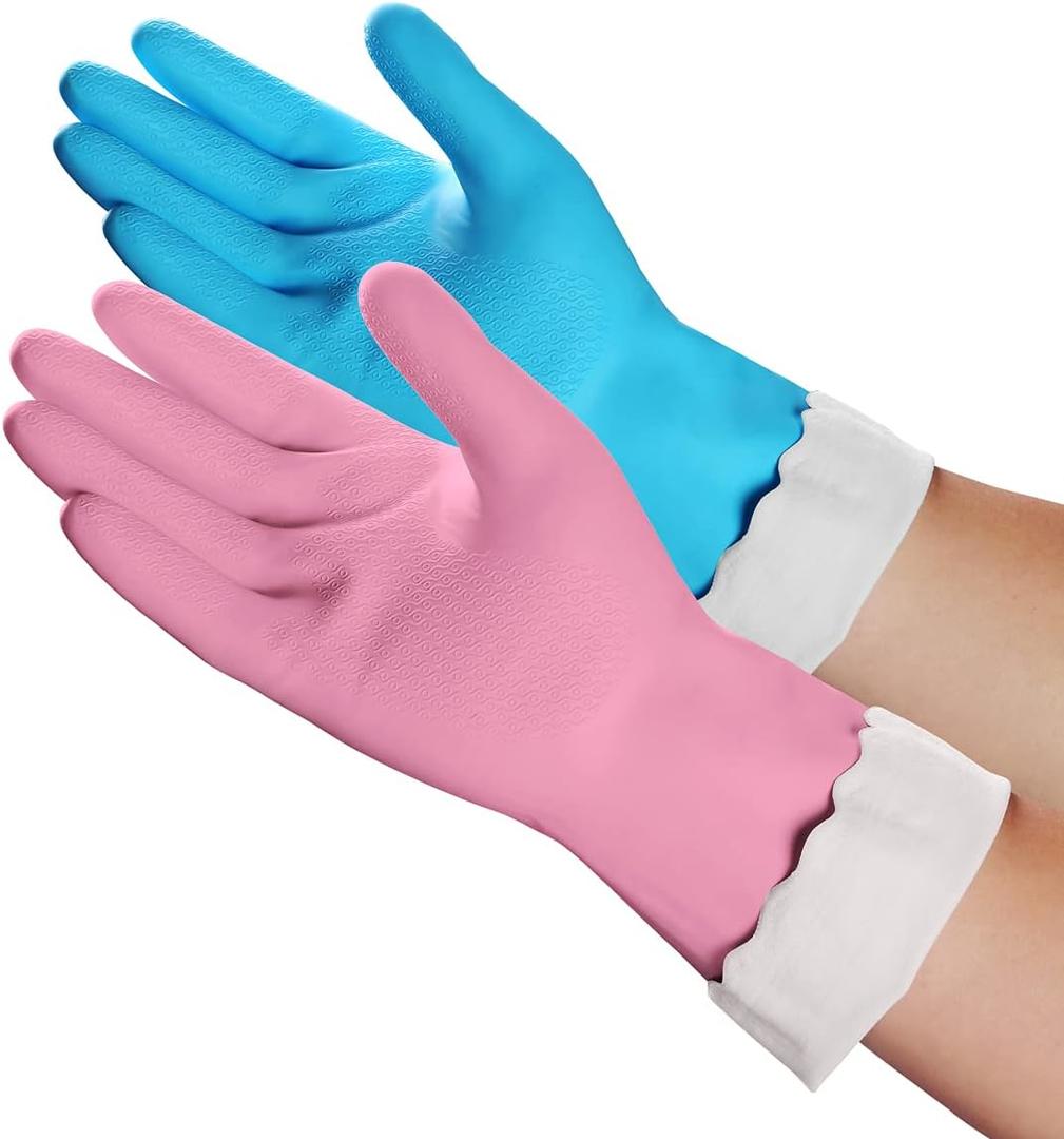 HSL Household Cleaning Gloves - 2 Pairs Reusable Kitchen Dishwashing Gloves with Latex Free, Cotton lining, Waterproof, Non-Slip, Ideal for Dishes, Household Chores, and Gardening (Medium) (Blue+pink)