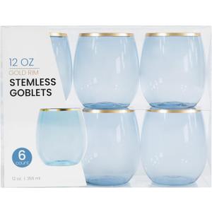 PLASTICPRO 12 Pack Blue With Gold Rim Plastic Glasses Stemless Disposable 12 oz BPA Free Shatterproof Plastic Cups Glasses for Parties