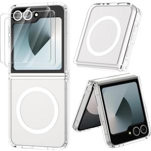 Magnetic for Samsung Galaxy Z Flip 6 Case, Transparent Back Non-Slip Hard PC Shockproof Bumper Protective Case for Samsung Z Flip 6 - Clear