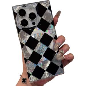 Checkered Magnetic Case for iPhone 15 Pro Max Compatible with Magsafe - Aesthetic Rectangular Diamond Checkerboard Pattern - Glossy Protective Phone Case Cover - Black/Iridescent Silver