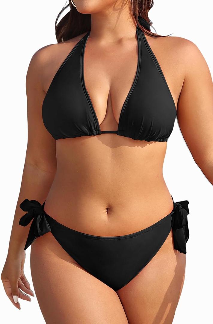 Tempt Me Women Plus Size Triangle Bikini Halter Two Piece Swimsuit Sexy Tie Side Bathing Suits (Black, 22W)