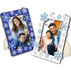 clothmile 2 Pieces Sparkle Snowflake Photo Frame 4x6 Inch Picture Display Winter Christmas Frame Decorations for Tabletop Wooden Frame Home Decorative Xmas Holiday Gift