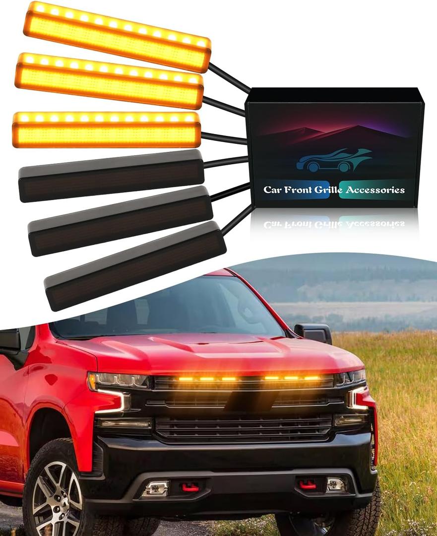 6Pcs LED Grill Lights for 2019-2024 2025 Chevrolet Silverado Raptor Grille Marker Lights Silverado 1500 2500 3500 Accessories Front Bumper Grille Trims (Yellow)