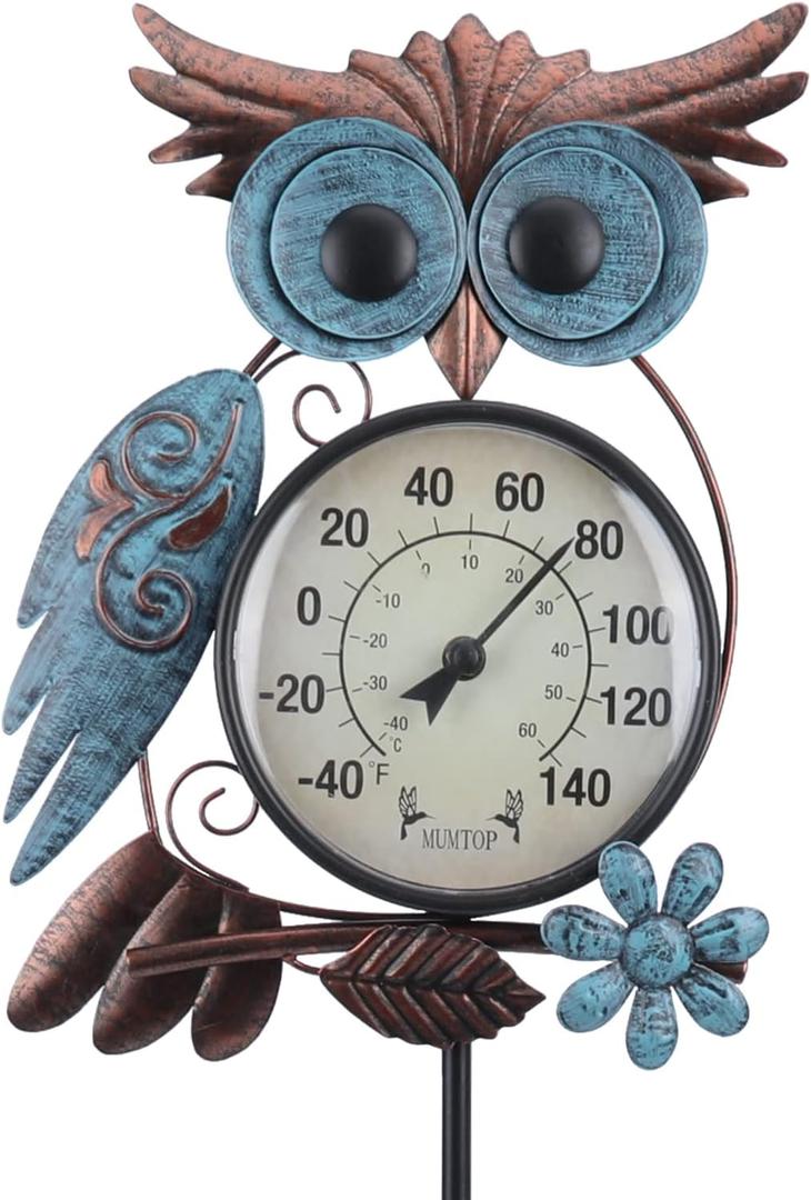 MUMTOP Outdoor Thermometer, 42 Inch Metal Owl Garden Stake Outside Wall Thermometer for Patio, Yard and Garden