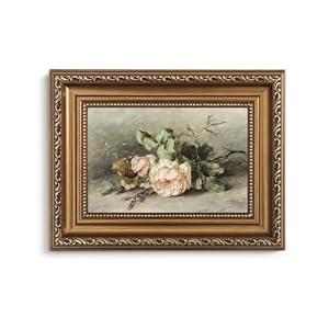 CUMLKGT Vintage Gold Framed Wall Art for Living Room, Flowers Oil Painting Canvas Print, Ornate Baroque Frame, Bedroom Wall Decor Gifts for Friends or Family - 12" x 9"
