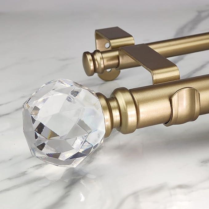 Double Curtain Rod Set: Diameter Luxury Gold Curtain Rods, 15.8" Adjustable Gold Drapery Rod with Crystal-clear Faceted Finials for 1 Pack
