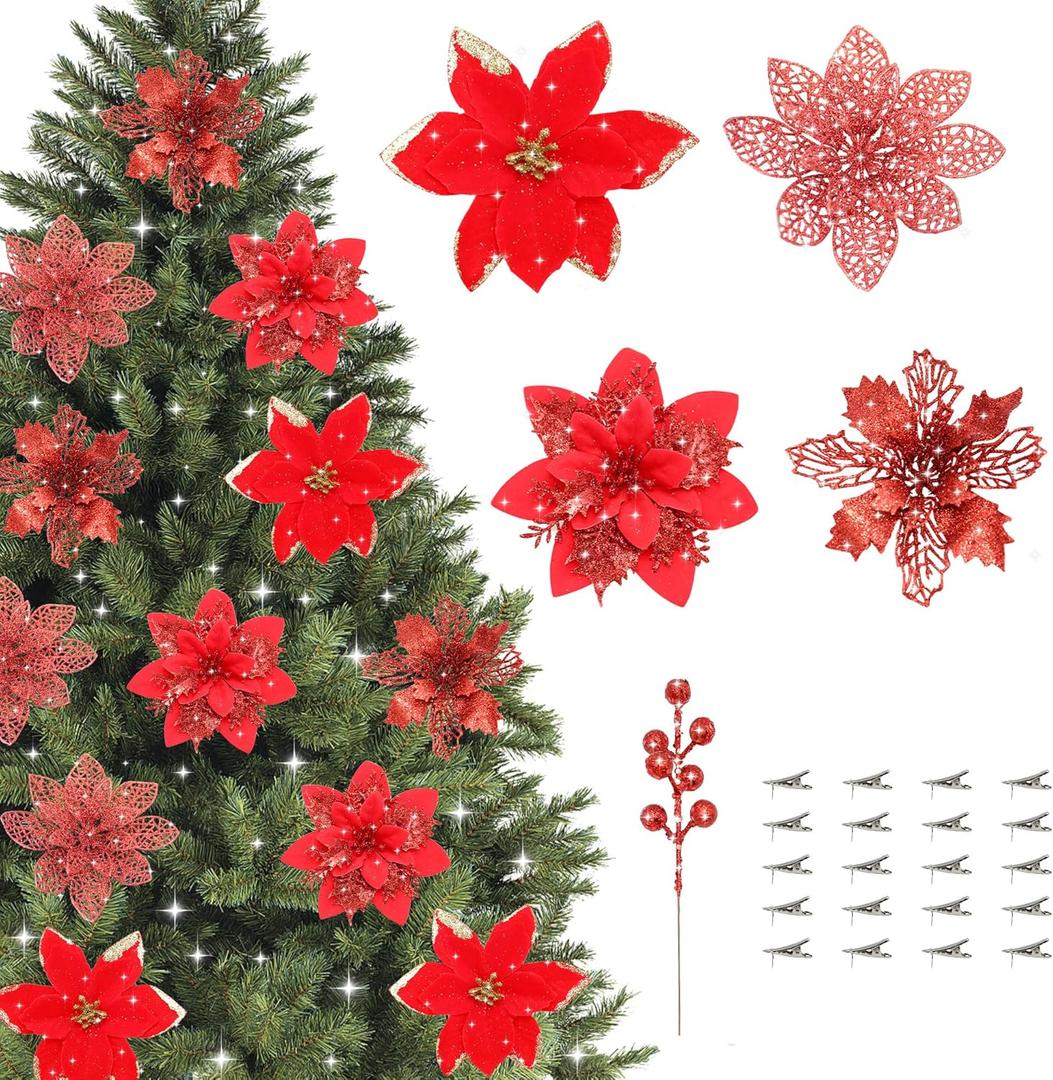 36 Pcs Poinsettia Flowers Artificial with Clips and Berry Stems Christmas Flowers Glitter Ornaments for Christmas Tree Wreath Fireplace Stairs Decorations (Red)