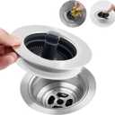 Hibbent 3 in 1 Kitchen Sink Drain Strainer, Stainless Steel Wrapped Shell Drain Stopper Combo, Pop Up Sink Stopper, Anti-Clogging Basket Strainer with Foldable Handle for US Standard 3-1/2" Drain