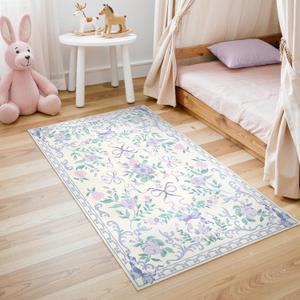 Collive 3x5 Nursery Rug, Boho Purple Floral Area Rugs Machine Washable, Soft Ultra-Thin Bow Carpet Non Slip for Girls Room Bedroom Entryway Playroom Living Room (Purple, 3' X 5')