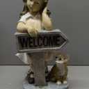 Girl Garden Statue with Solar LED Lights, Solar Girl Welcome Sign with Cat Garden Statue for Outdoor Decor, Porch, Patio, Yard Art Decorations, Polyresin 17.3 inch, 17.3 x 8.9 x 7.1 inches