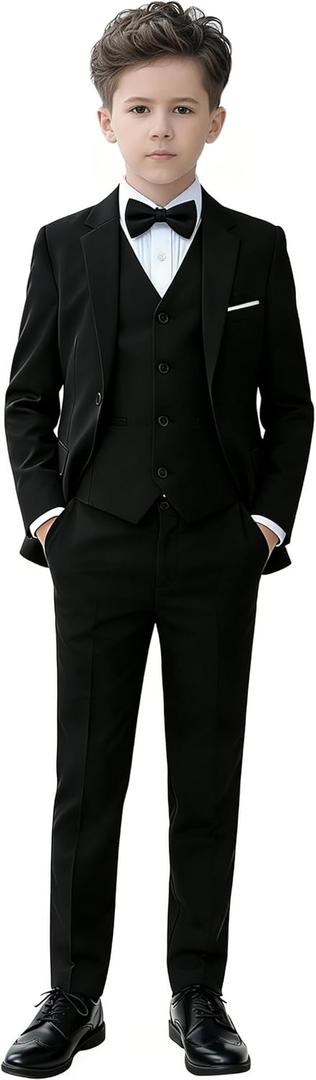 YuanLu Boys Suit for Kids Tuxedo Wedding Ring Bearer Outfit, 5 Piece Boy Slim Fit Formal Suits with Adjustable Waist, 14 Years