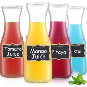 4PSC Glass Carafe with Lid, Premium Clear Water Pitcher Carafe 1 Liter Juice Containers with Lids for Brunch Cold Warm Water Beverage Iced Tea Lemonade, BPA Free Shatter Proof (4)