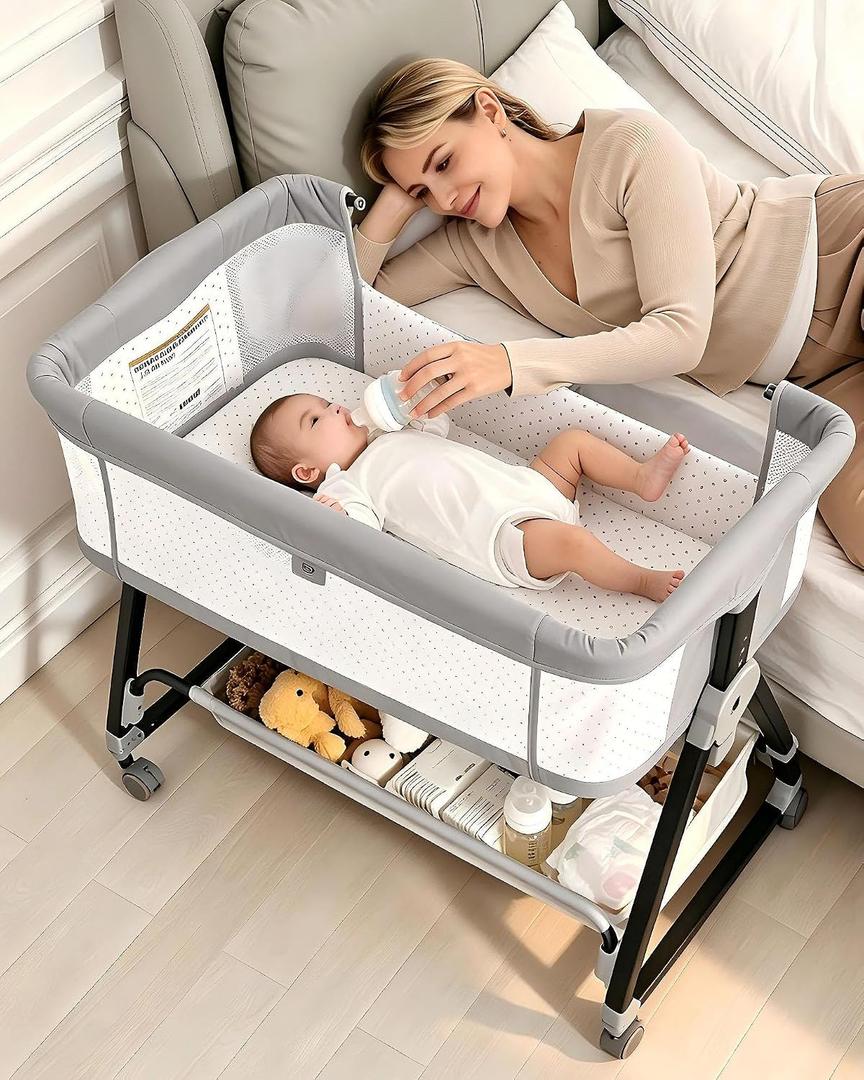 Baby Bassinets Bedside Sleeper with Wheels and Mattress, Cosleeping Baby Bed with Storage, Co-Sleeper Bassinet Attach to Bed, Bed Side Crib with Breathable Mesh, Height Adjustable(Gray), 35.4‘’L*21.7''W*28''-32.7''H