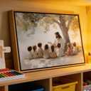 Framed Jesus With Children Canvas Wall Art Christian Kids Room Painting Picture Wall Decor Jesus Teaching Children Poster Print Artwork for Child Room Bedroom Classroom Home Decoration 16inx24in