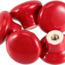 JAPCHET 16 Pack Red Ceramic Cabinet Knobs, 32 MM/1.26Inch Single Hole Ceramic Door Knobs with Screws, Button Round Mushroom Door Pulls for Kitchen Cabinet, Cupboard, Wardrobe, Dresser