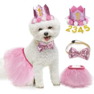 Legendog Dog Tutu Skirt, Birthday Party Supplies - Hat - Bowtie, Cute Pink Outfit for Small Dogs, Girl Dresses