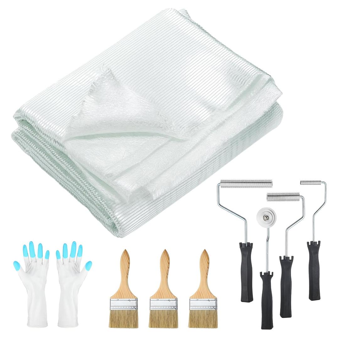 9 Pcs Fiberglass Cloth with Rollers Kit, 12 ft x 50 Inches 1708 Biaxial Fiberglass Cloth Roll, Fiber Glass Roller with Brushes and Glove, Fiber Glass Repair Kit for Shower Boat Tub