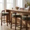 Merax Bar Stools Set of 2, Mid Century Upholstered Barstools in Rubber Wood Frame with Low Back, 26.3" Seat Height Counter Stools with Ring Footrest for Dining Room, Dark Walnut+ Green