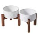 Havniva 6.1inch Ceramic Raised Double Bowls Set with Acacia Wood Stand, 2 Heights Elevated, Food & Water Bowls for Small Breed Dogs, Weighted Dog Dishes, Pet Bowl (27oz, Arctic White)