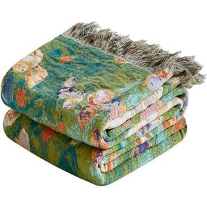 Boho Throw Blanket - 100% Cotton Throw Blankets for Bed Couch, 60"x80" Soft Muslin Lightweight Spring Throw Blanket, Cozy Floral Plant Printed Bohemain Bedding Decor Green Throw Quilt