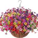 Artificial Fake Hanging Plants Flowers with Basket Outdoor Decor Faux Silk Dasiy Flower Arrangements in Pot Planter for Porch Home Indoor Patio Garden Yard Decoration (6 Multicolor)