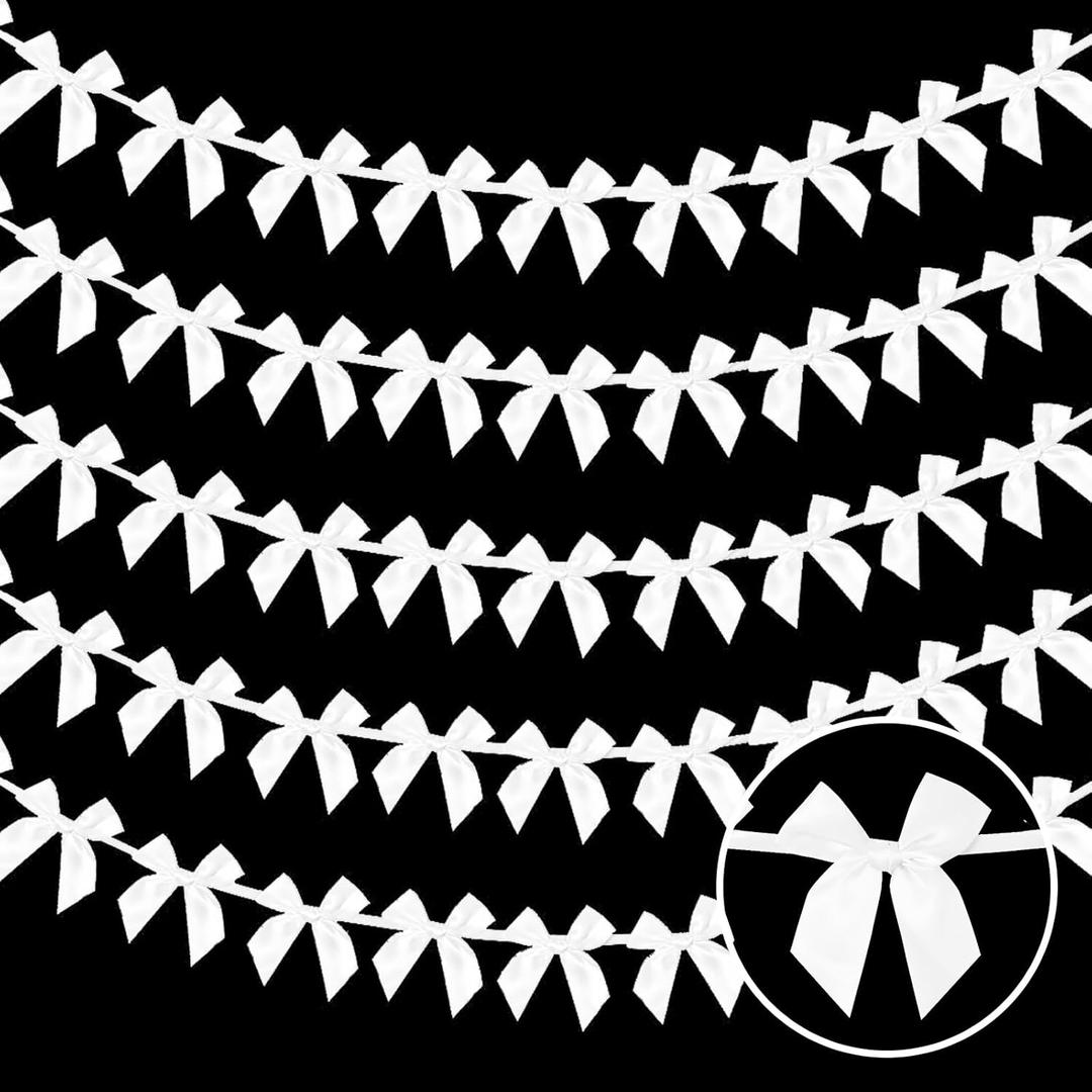 5 Pack White Bow Garland Banner Satin Ribbon Bow Decorations for Coquette Theme Birthday Party Bridal Shower Bachelorette Engagement Wedding (White)