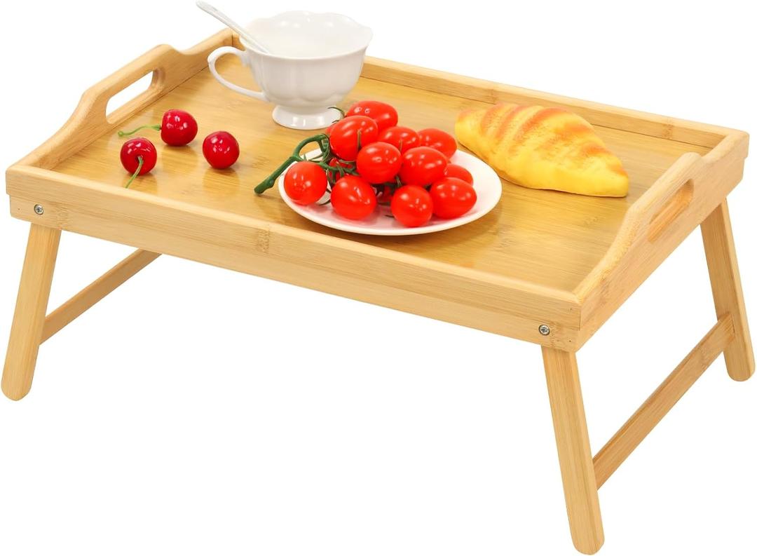 Bamboo Bed Tray Table, Folding Legs and Handles, Breakfast Tray, Laptop Desk for Bed or Sofa, Serving Tray for Eating, Working, Reading,Picnic