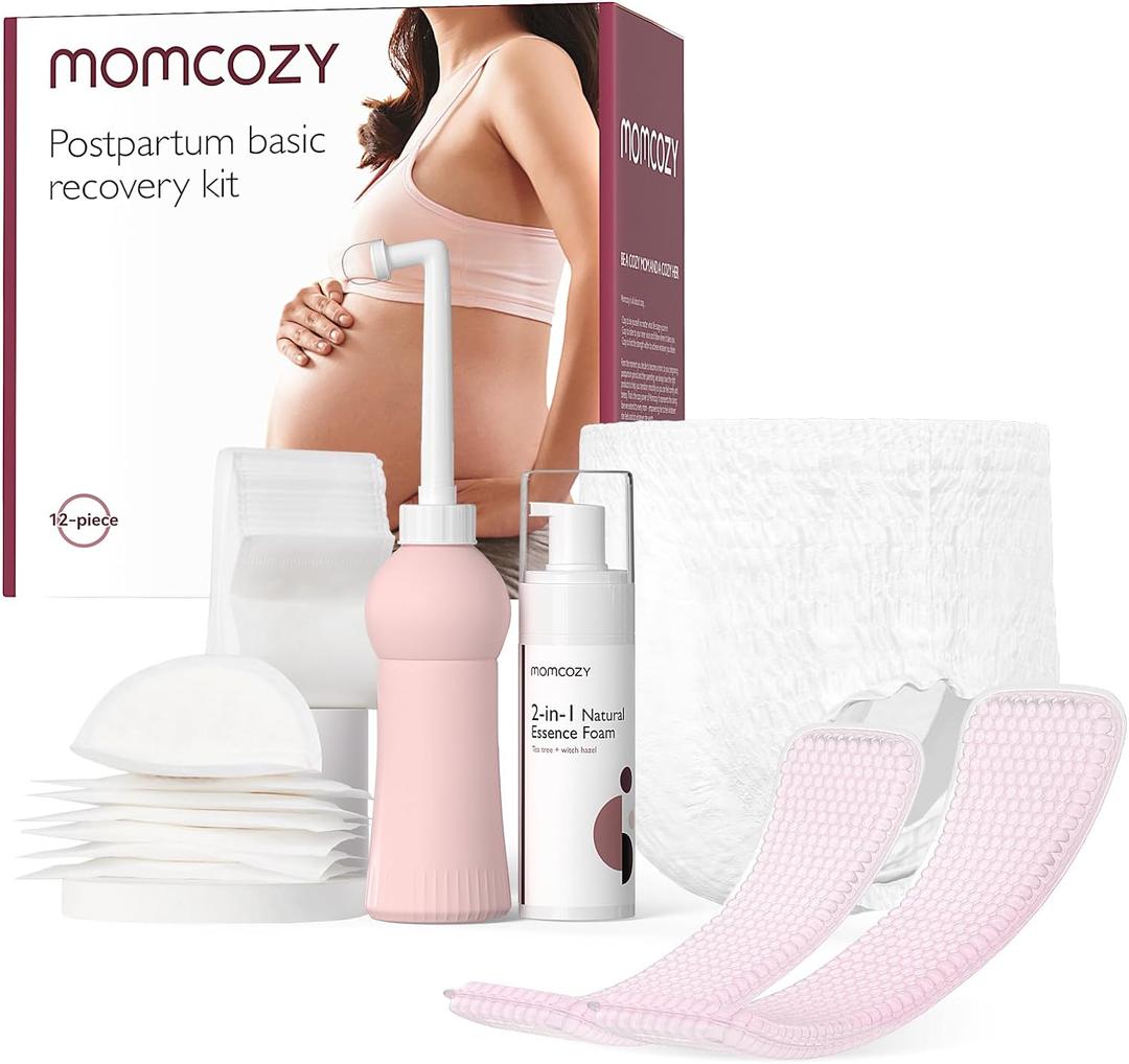 Momcozy Postpartum Recovery Essentials Kit, Labor Delivery Mom Care Kit, Self-Absorbent Disposable Underwear Nipple Nursing Pads Upside Down Peri Bottle Cold Pads Cooling Foam Canvas Bag Set (Red)