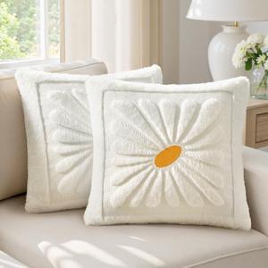 EMEMA Set of 2 Spring Summer Sunflower Floral Pillow Covers, Plush Faux Fur Decorative 20x20 Cushion Cases Adding a Soft, Bright Seasonal Accent to Sofa Couch Bed Modern Farmhouse Living Room, White