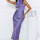 Memoriesea Women's Sexy Sleeveless Cowl Neck Flowy A Line Party Cocktail Midi Dress (Purple, L)