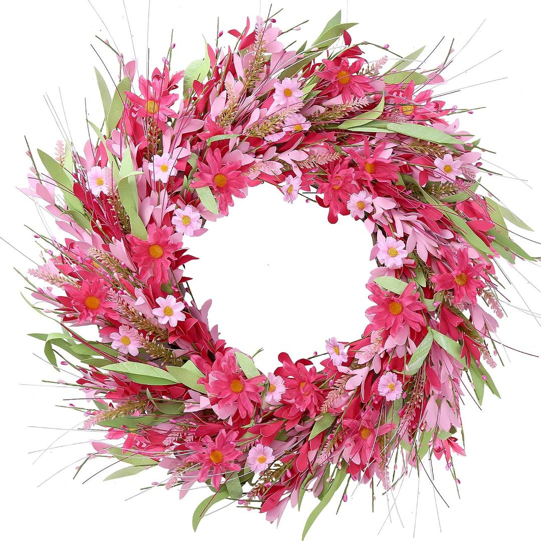 Sggvecsy 21in Artificial Pink Forsythia Wreath Spring Summer Fake Daisy Wreath Handmade Wreath with Daisies Lavender for Gifts Festival Front Door Window Wall Farmhouse Decor