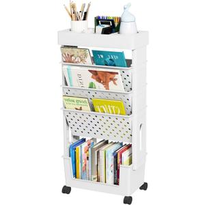 5-Tier Mobile Bookshelf, Rolling Bookcase Book Storage Rack, Movable File Folder Organizer Cart with Wheels for Home Study Office Living Room Classroom, White