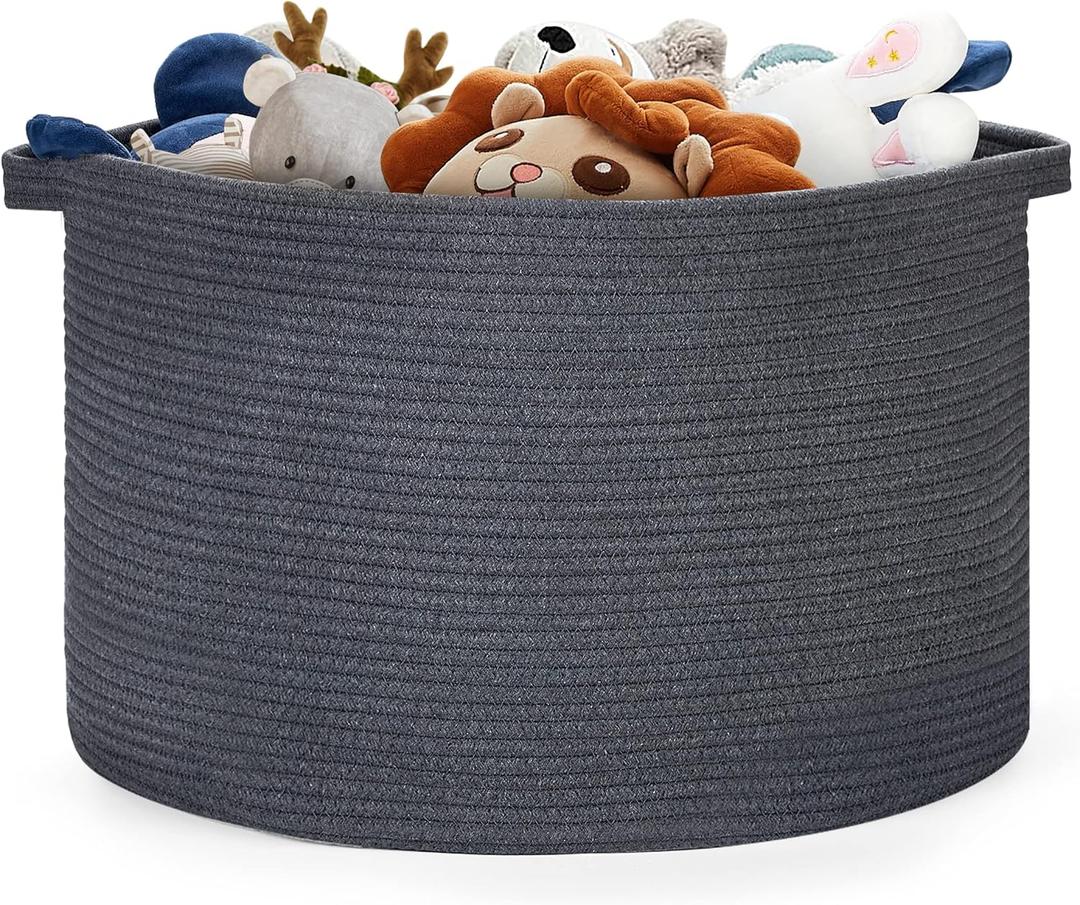 Blanket Basket - 20"x 20"x 13" Cotton Rope Basket for Living Room, Baby Toy Storage Basket, Large Woven Laundry Basket (Gray) (Grey)