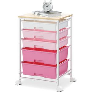 SYKIARIOL Utility Cart with 5 Drawers, Storage Drawer Cart with Wooden Tabletop and Lockable Wheels, Craft Storage Trolley Cart, 5-Tier Rolling Utility Cart on Wheels, Rose Pink