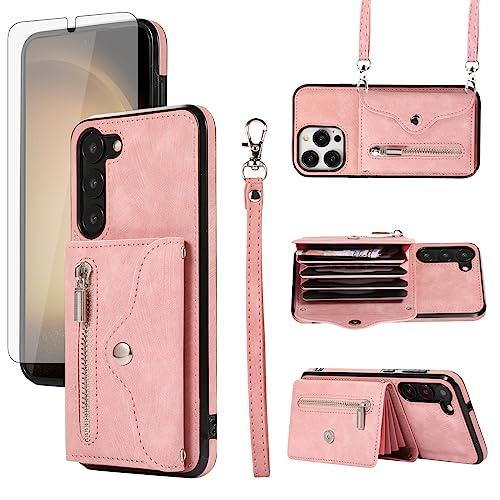 Phone Case for Samsung Galaxy S23 Plus S23+ 5G Wallet Cover with Wrist Crossbody Strap Lanyard Credit Card Holder Stand Cell Accessories S23plus 23S + S 23 23+ SM-S916U 6.6 inch Women Men Rose Gold