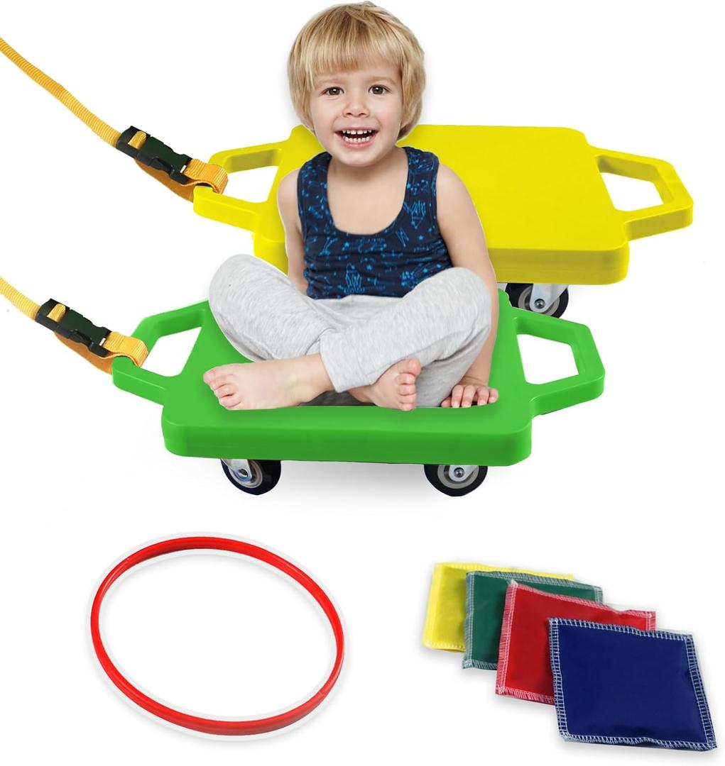 2 Plastic Scooter Boards with Handles for Kids Sitting and Sports Training, with 1 Ring, 2 Ropes and 4 Beanbags, Indoor and Outdoor Play (Yellow & Green)