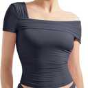 SUUKSESS Women One Off The Shoulder Summer Tank Tops Ruched Short Sleeve Shirts (Blue, L)