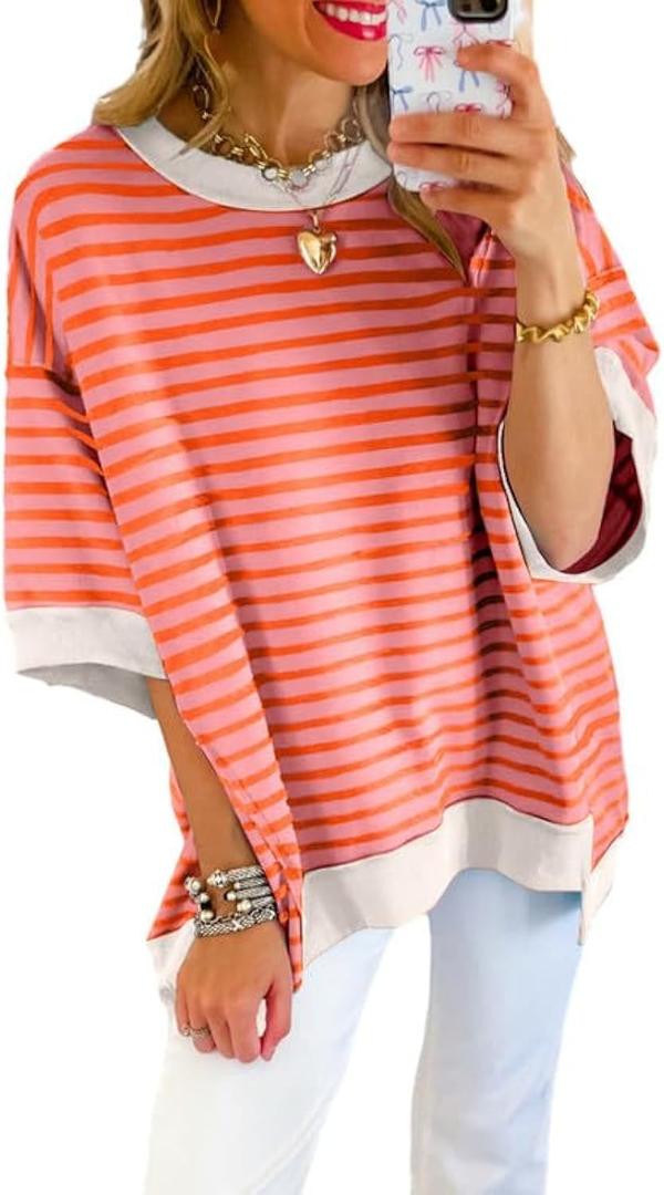 SHEWIN Womens Tops Casual Short Sleeve Sweatshirt Crewneck Striped Shirt Pullover T Shirts Loose Blouses (Small)