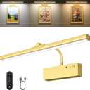 Picture Light, 15.35inch Wireless Picture Lights for Wall Rechargeable, 5400mAh Battery Wall Light with Remote, 3 Color Art Lighting for Paintings with Timer and Dimmable for Display, Gallery (Gold)
