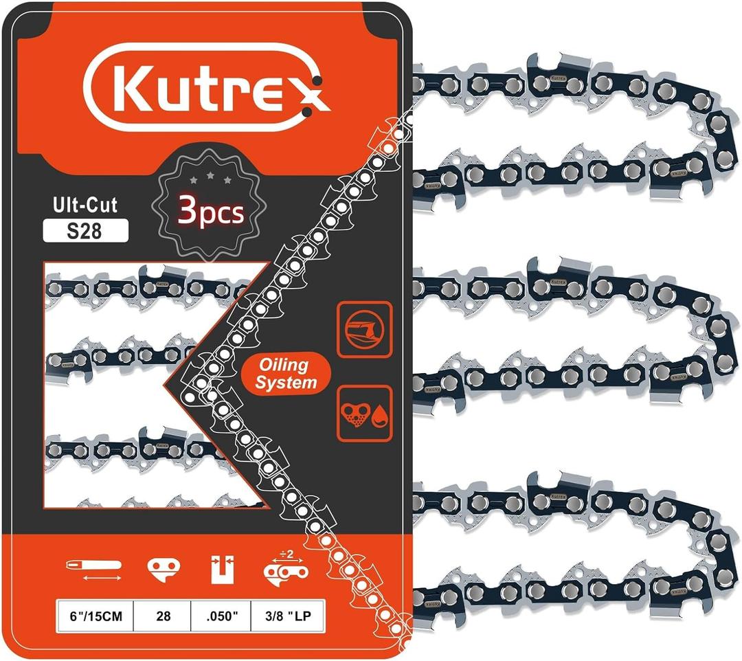 6 Inch Chainsaw Replacement Chain for STIHL Husqvarna Milwaukee Oregon Makita DeWalt Ryobi Craftsman and more, 3/8" LP Pitch 050" Gauge, 28 Drive Links (3 Chains)