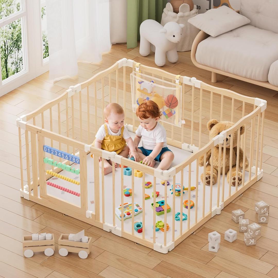 Wooden Baby Playpen 50  50 Inches, Foldable Playpen Fence with Cute Digital Blocks & Storage Bag, Wooden Baby Gate, Multi-Shape Play Yard for Babies and Toddlers Indoor Outdoor