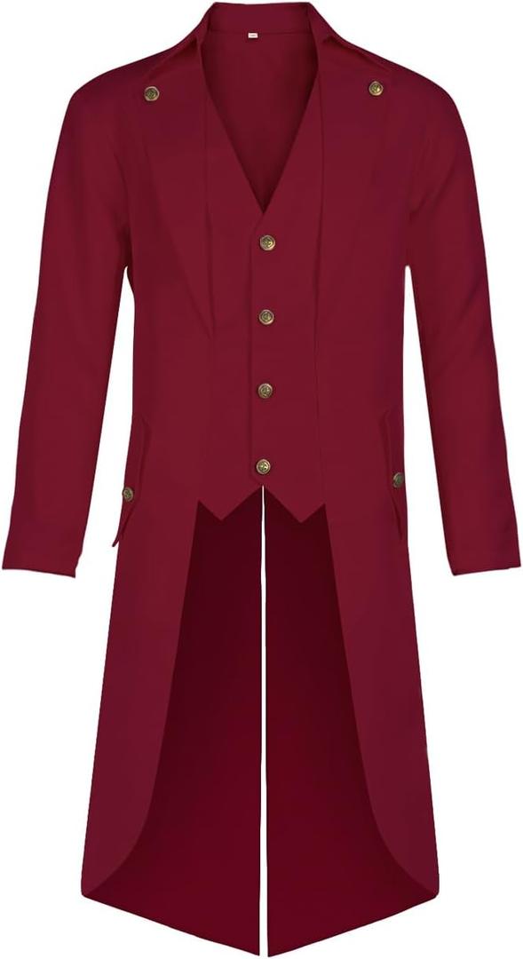 Mens Steampunk Pirate Tailcoat Jacket Gothic Victorian Tailcoat Renaissance Vintage Coat Halloween Costume (X-Large, Red)