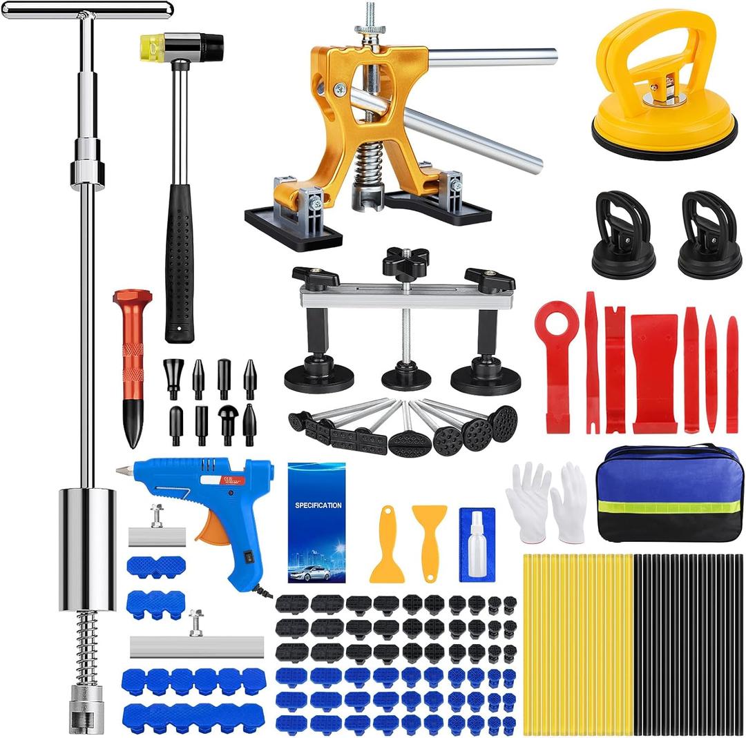 Sigoobal Car Dent Puller Kit, 135pcs Paintless Dent Removal Kit, Car Dent Repair Kit with Golden Lifter, Bridge Puller, Slide Hammer 2 in 1 T-Bar, Dent Puller for Car Refrigerator Door Ding Repair