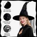 Halloween Black Witch Hats for Women Adult - Halloween Adult Witches Hat Costume Accessories for Women, Sparkly Best Fancy Witch Hat With Veil for Girl Woman Celestial Sequin Witches Hats (Black)