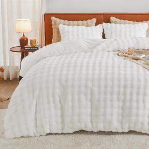 EMME Faux Fur Duvet Cover Twin Size, 2 Pieces Ultra Soft Fluffy Comforter Cover, Cozy Warm for Winter, Luxury Elegant Shaggy Bubble Design Bedding, 1 Duvet Cover & 1 Pillow Shams (Twin, White)